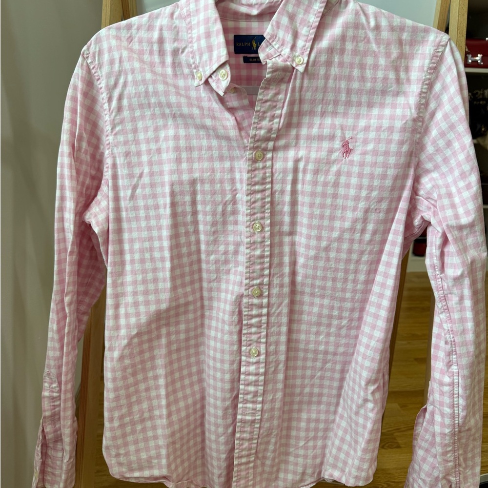 Ralph Lauren 100% Cotton Pink and White Gingham Slim Fit Shirt